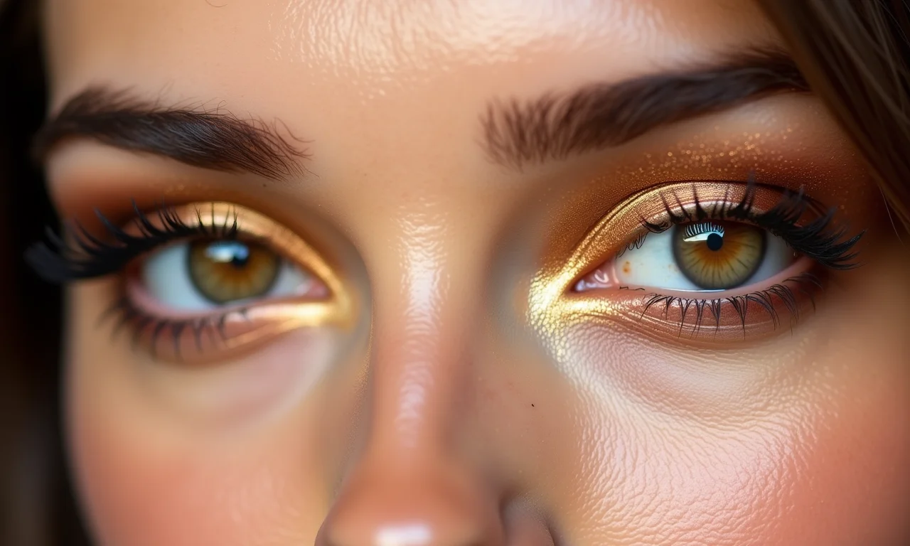 Olhos castanhos com sombra dourada e bronze, brilho sutil.