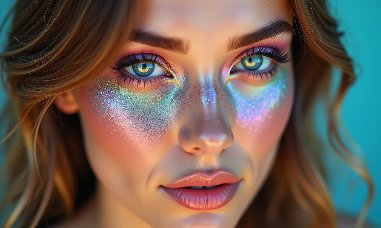 Olhos coloridos e brilhantes para maquiagem de sereia, com sombras vibrantes e glitter.