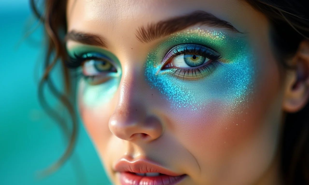 Olhos com cores do oceano e efeito cintilante na maquiagem.