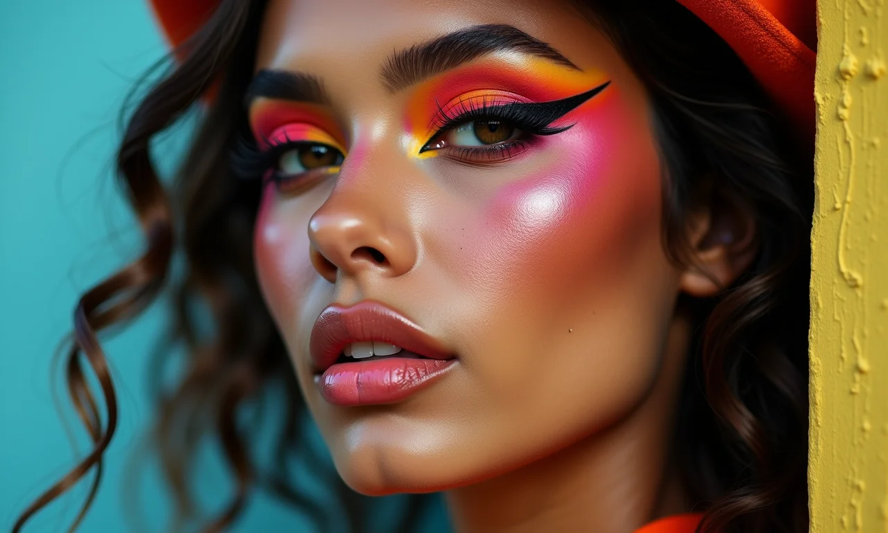 Olhos com delineado gráfico e cores vibrantes, maquiagem criativa.