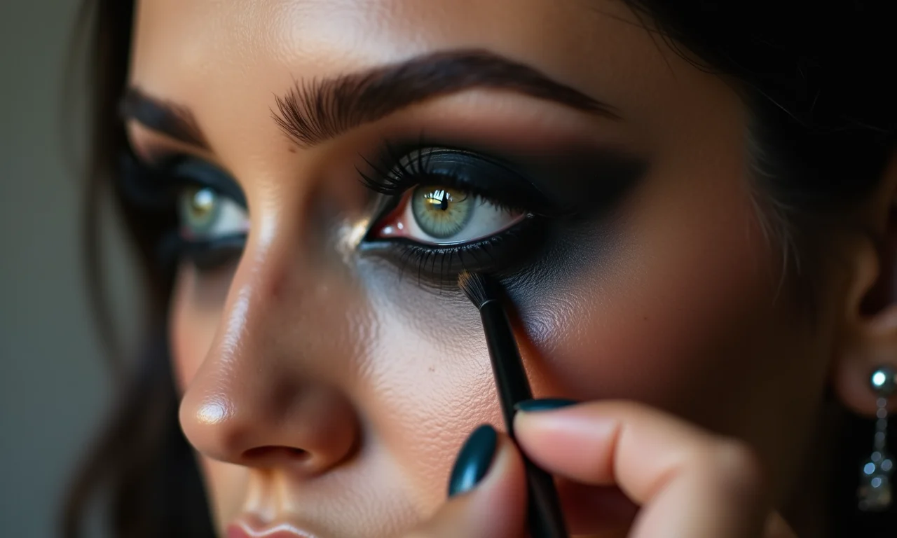 Olhos esfumados com sombra escura para maquiagem gótica suave.