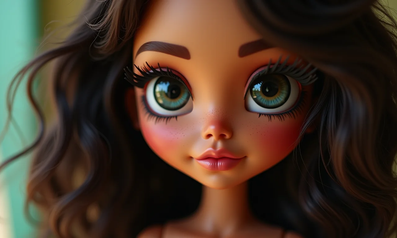 Olhos grandes e expressivos com maquiagem de boneca.