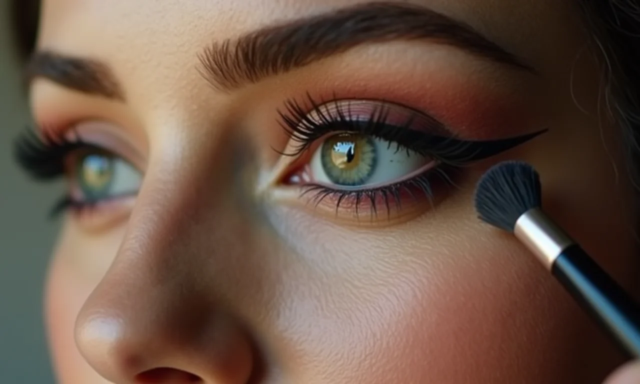 Olhos marcantes com maquiagem dramática, delineador e sombra.