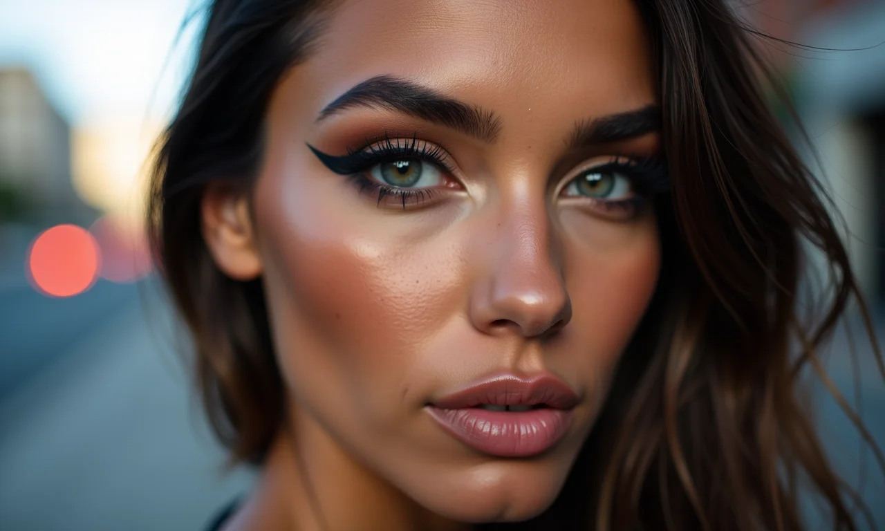 Olhos marcantes com maquiagem expressiva para ensaio urbano.