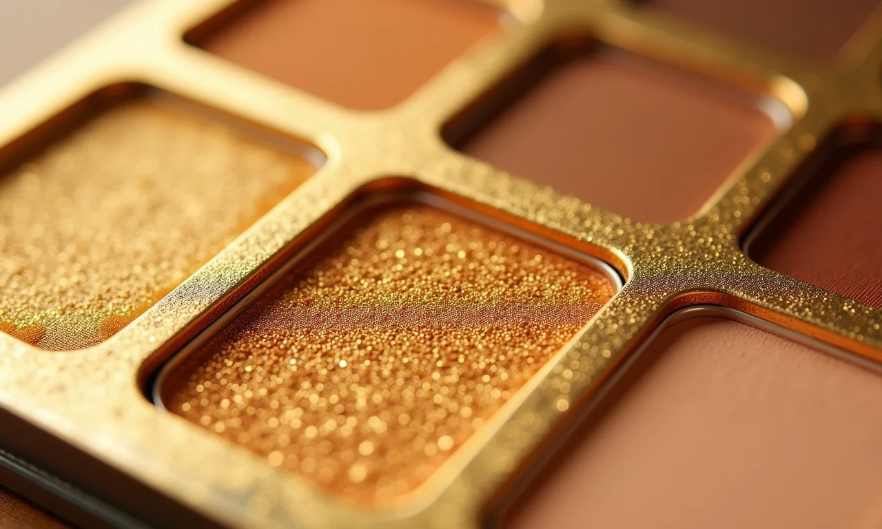 Paleta de sombras douradas, a estrela principal da maquiagem.