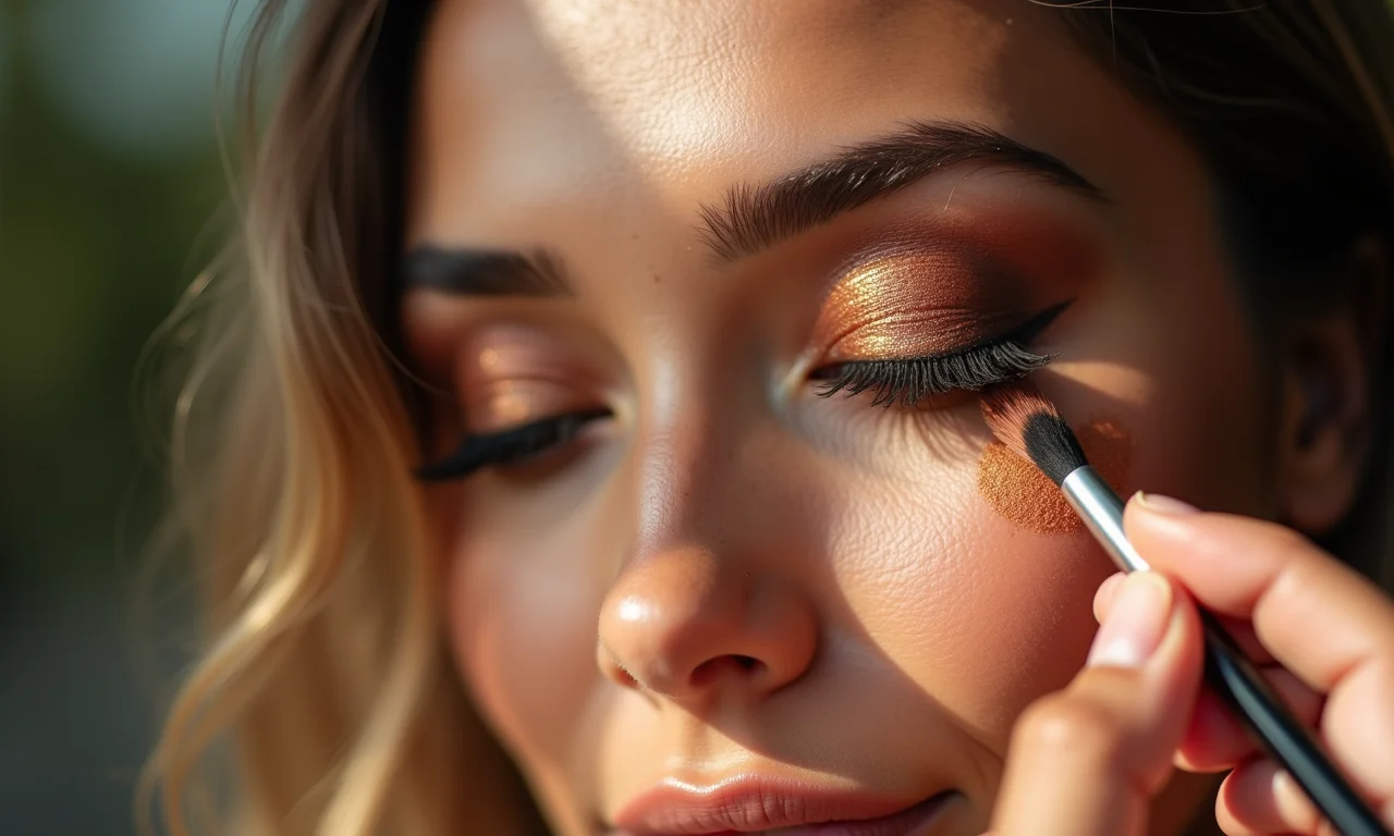 Paleta de sombras terrosas sendo aplicada em uma modelo brasileira.