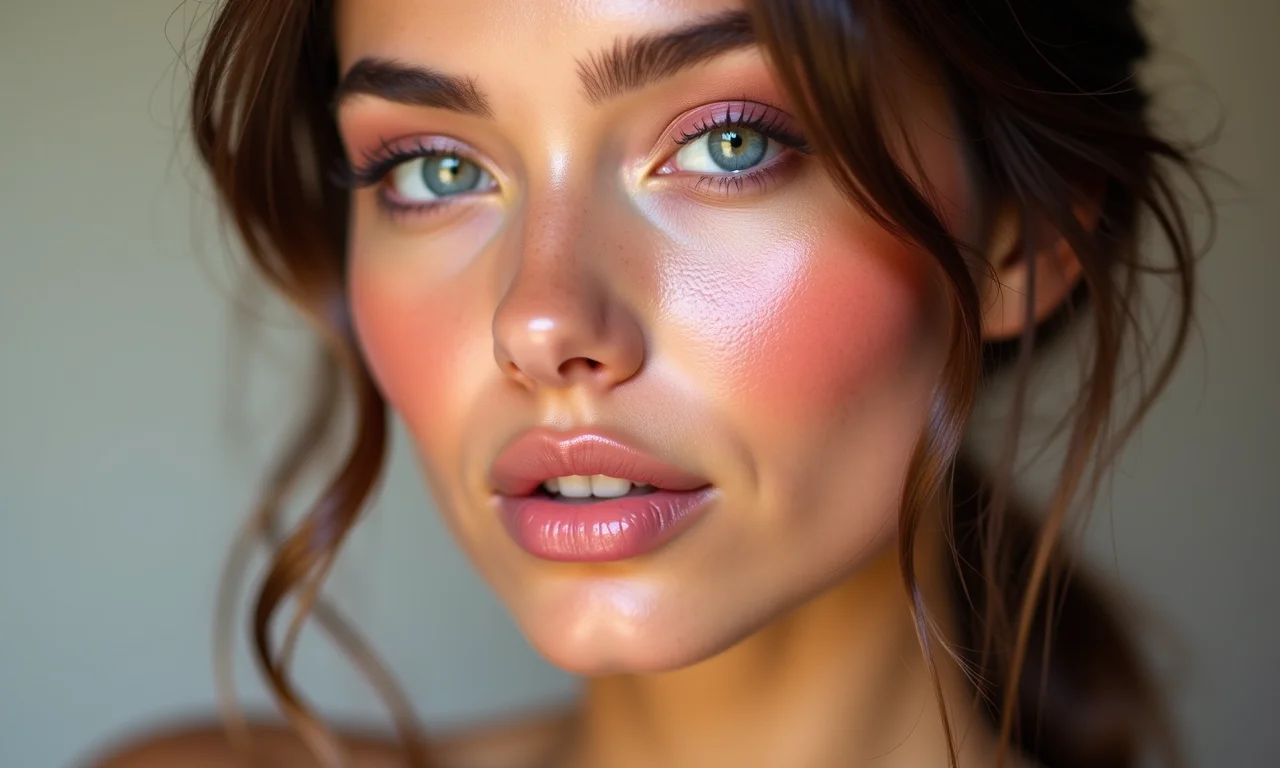 Pele glow com contorno leve e blush rosado para festa.