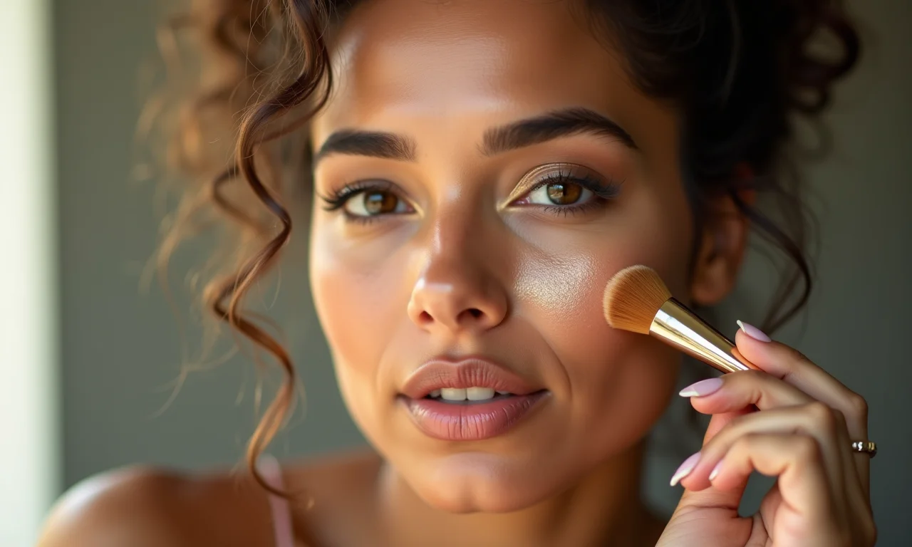 Pele iluminada com iluminador, maquiagem anos 70 com aspecto natural.