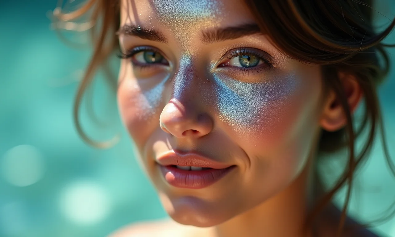 Pele iluminada e radiante para maquiagem de sereia, com destaque para o brilho natural.