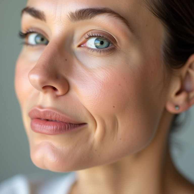 Pele saudável com corretivo não oclusivo, maquiagem suave.