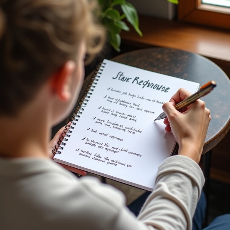 Pessoa delineando resposta usando o método STAR em um bloco de notas, com expressão pensativa.