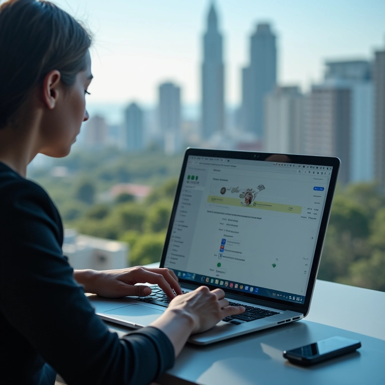 Pessoa pesquisando sobre uma empresa em um laptop com paisagem urbana brasileira ao fundo.