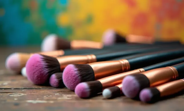 Pincéis de maquiagem essenciais para iniciantes dispostos em mesa rústica.