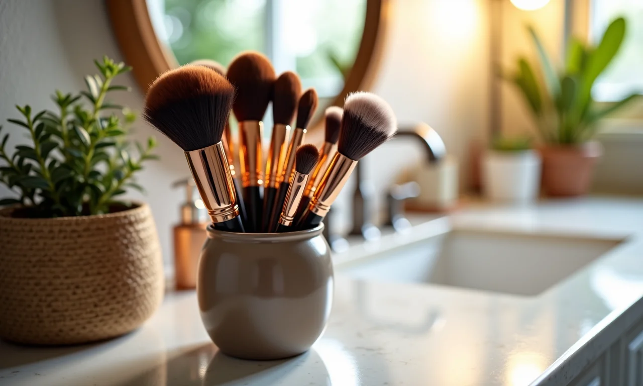 Pincéis de maquiagem limpos e organizados em um porta-pincéis.