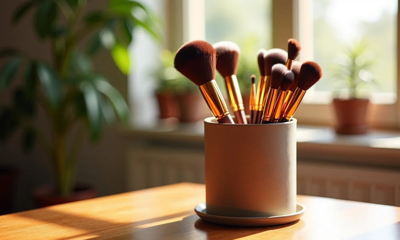 Pincéis de maquiagem organizados.