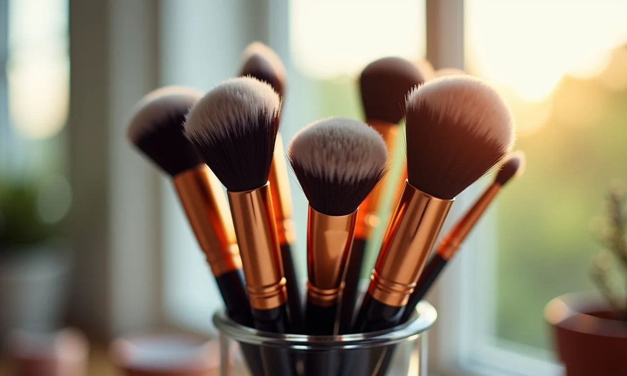 Pincéis de maquiagem secando de cabeça para baixo.