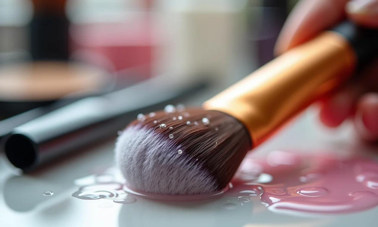 Pincéis de maquiagem sendo limpos com produto de limpeza.