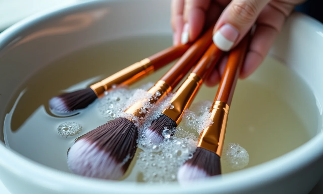 Pincéis de maquiagem sendo limpos.