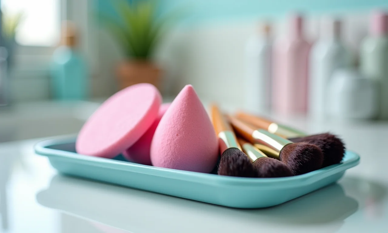 Pincéis e esponjas de maquiagem limpos.