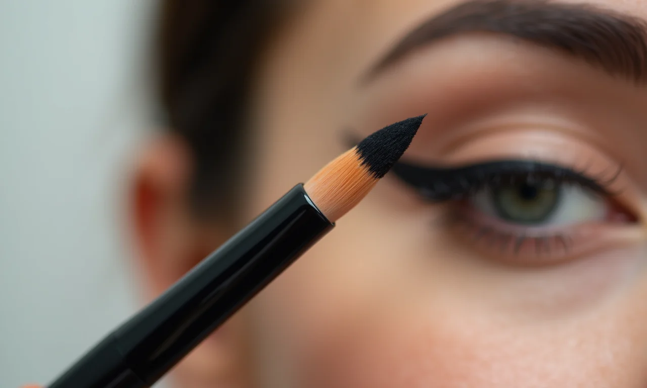 Pincel chanfrado fino com delineador: close-up da ferramenta essencial para tightlining.