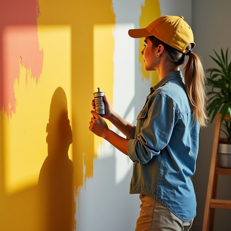 Pintor aplicando fixador mineral antes de pintar parede colorida, aumentando a durabilidade.