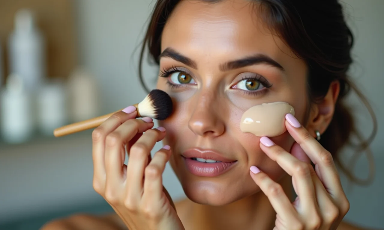 Preparação da pele antes da maquiagem, com produtos de skincare.