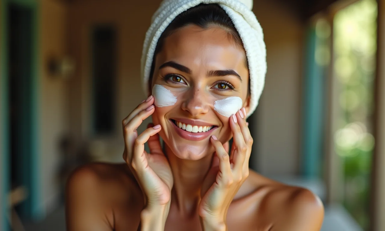 Preparação da pele com produtos de skincare antes da maquiagem estilo anos 60.