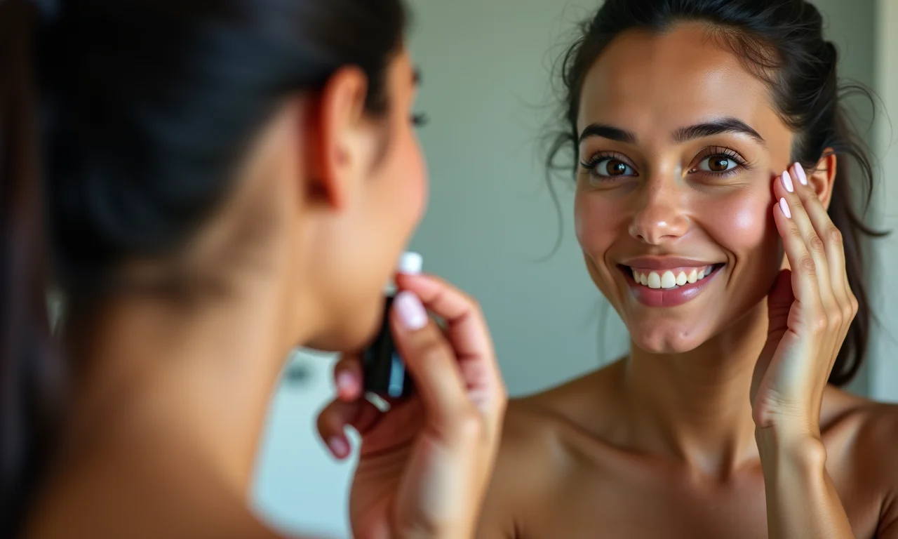 Preparação da pele para maquiagem: mulher brasileira aplicando sérum facial.