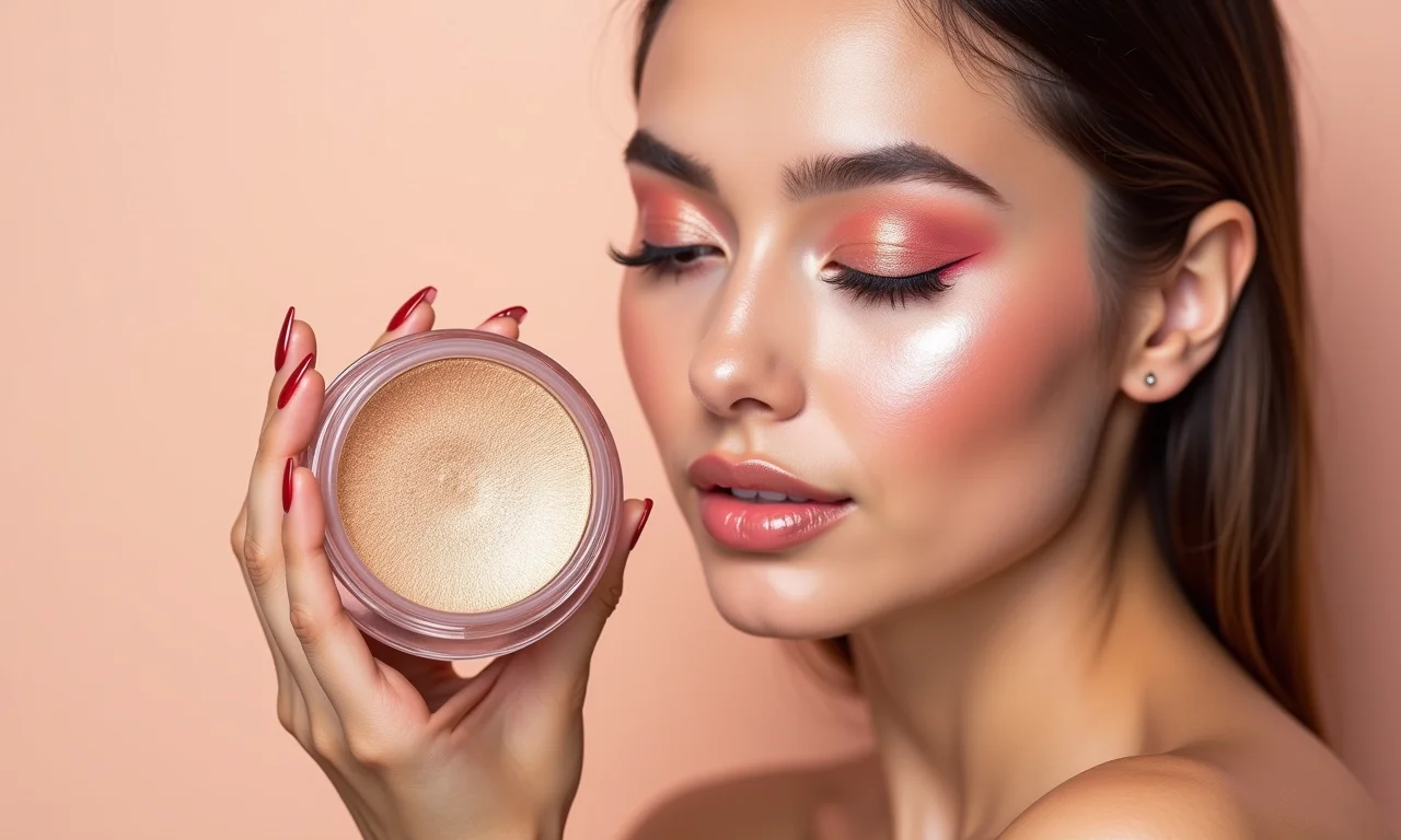 Produto multifuncional: iluminador, blush e sombra.