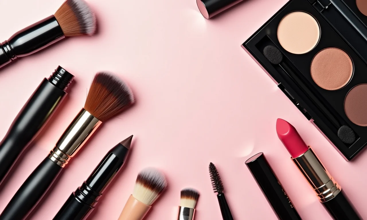 Produtos essenciais para criar a maquiagem estilo foxy eyes dispostos em uma mesa.