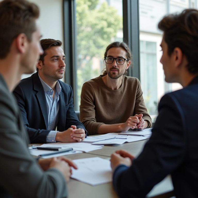 Profissional fazendo perguntas perspicazes durante uma reunião com equipe diversa.