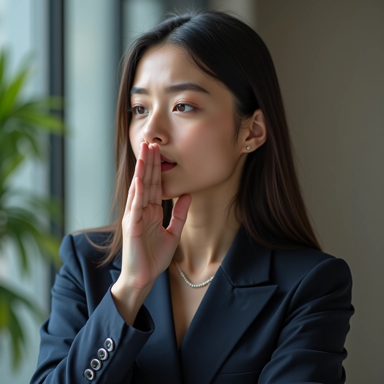 Profissional respirando fundo antes de uma entrevista, demonstrando calma e foco.