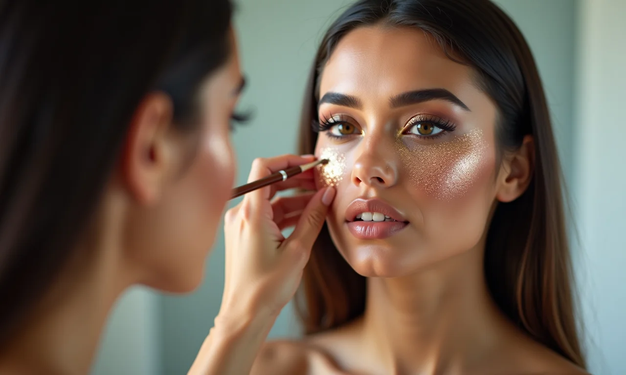 Retocando a maquiagem com glitter com cuidado.