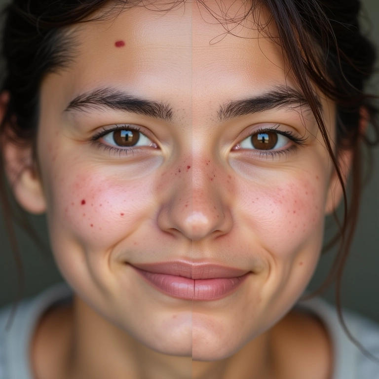 Rosto com acne, antes e depois do uso do primer.