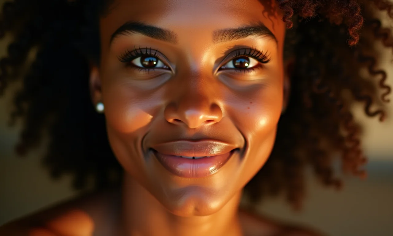 Rosto de mulher brasileira com pele iluminada e sem oleosidade.