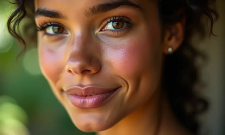 Rosto de mulher jovem com maquiagem natural e iluminador sutil.