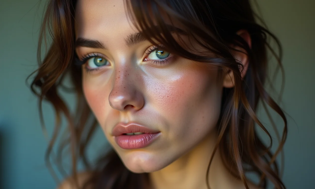 Rosto de mulher jovem com pele natural e levemente imperfeita, maquiagem grunge.