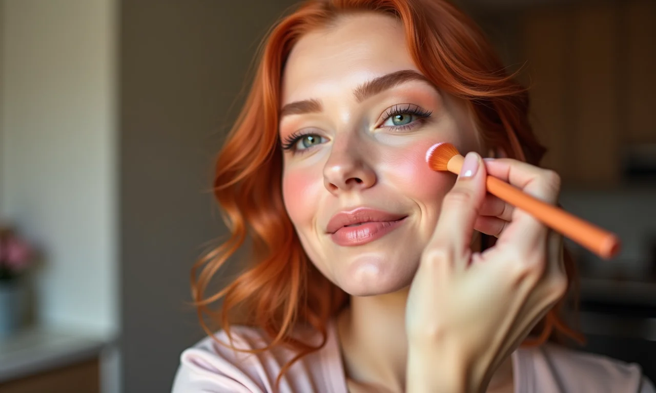 Ruiva aplicando blush pêssego.