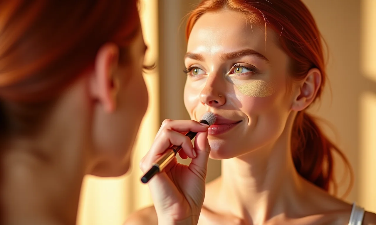 Ruiva aplicando iluminador no rosto.