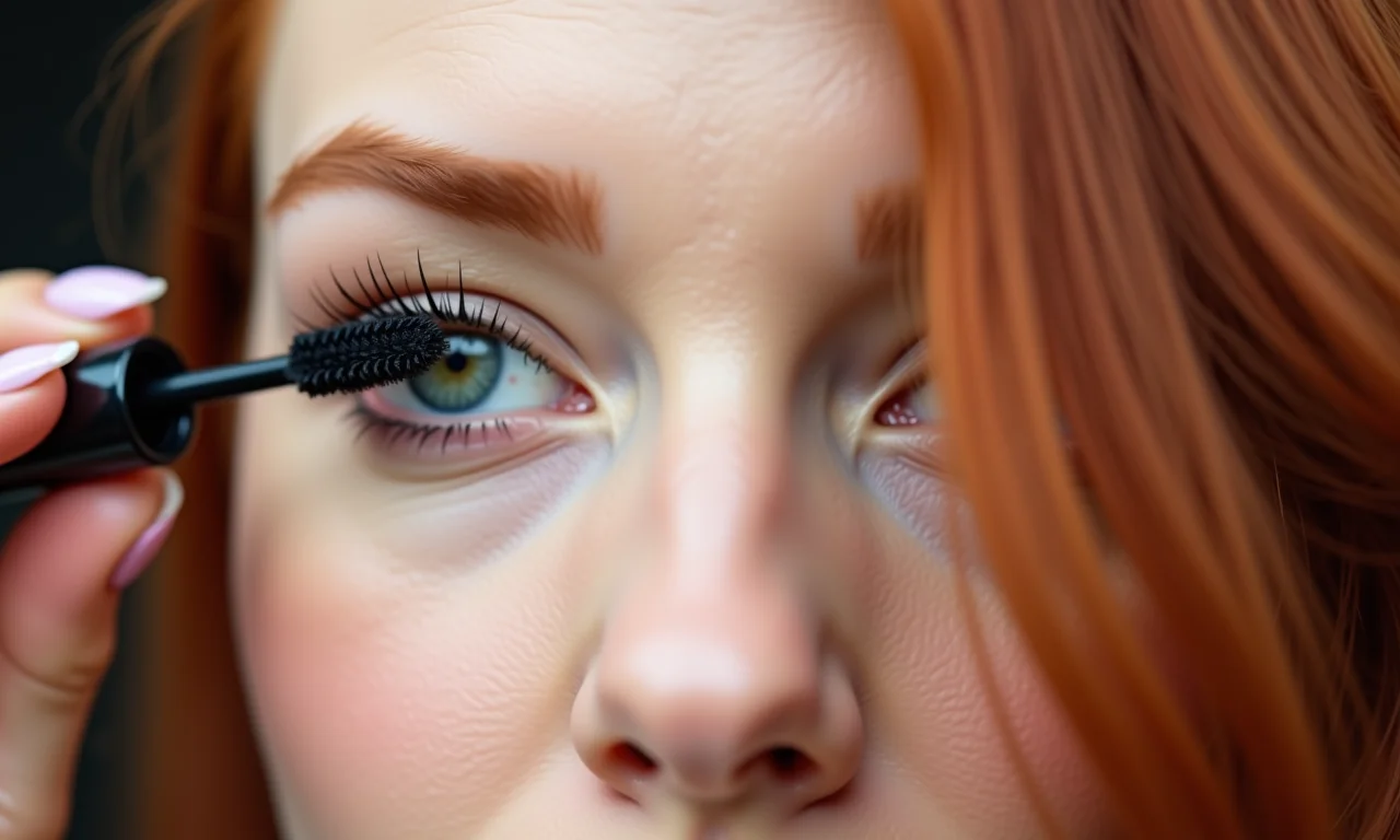 Ruiva aplicando máscara de cílios.