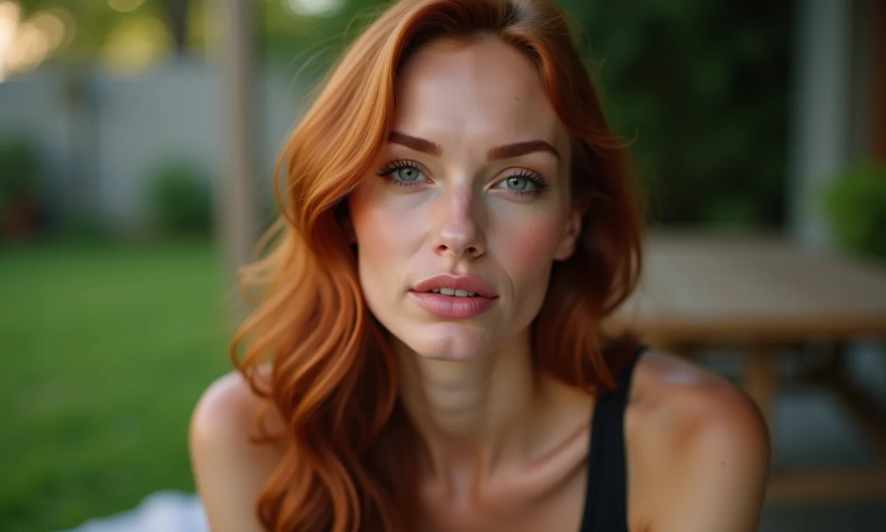 Ruiva com maquiagem neutra em um jardim.