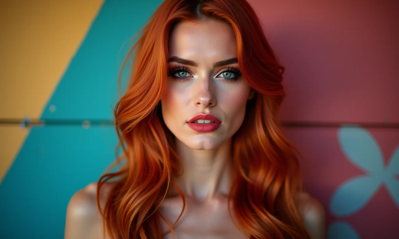 Ruiva com maquiagem ousada para a noite.