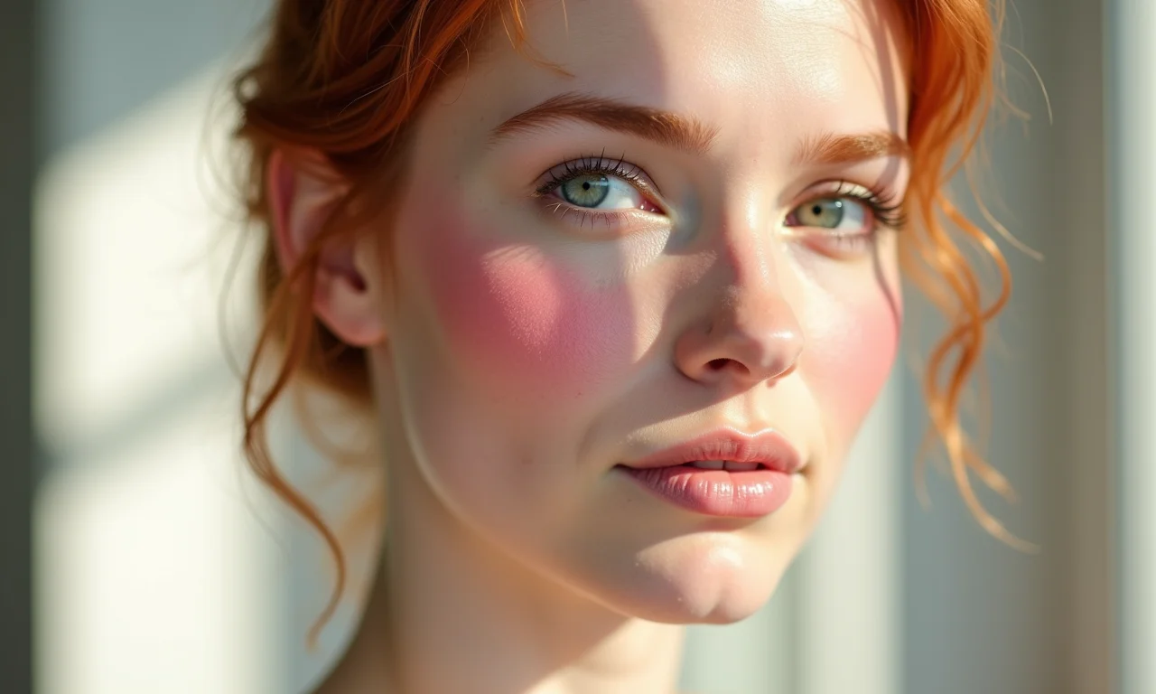 Ruiva de pele clara aplicando blush rosa suave.