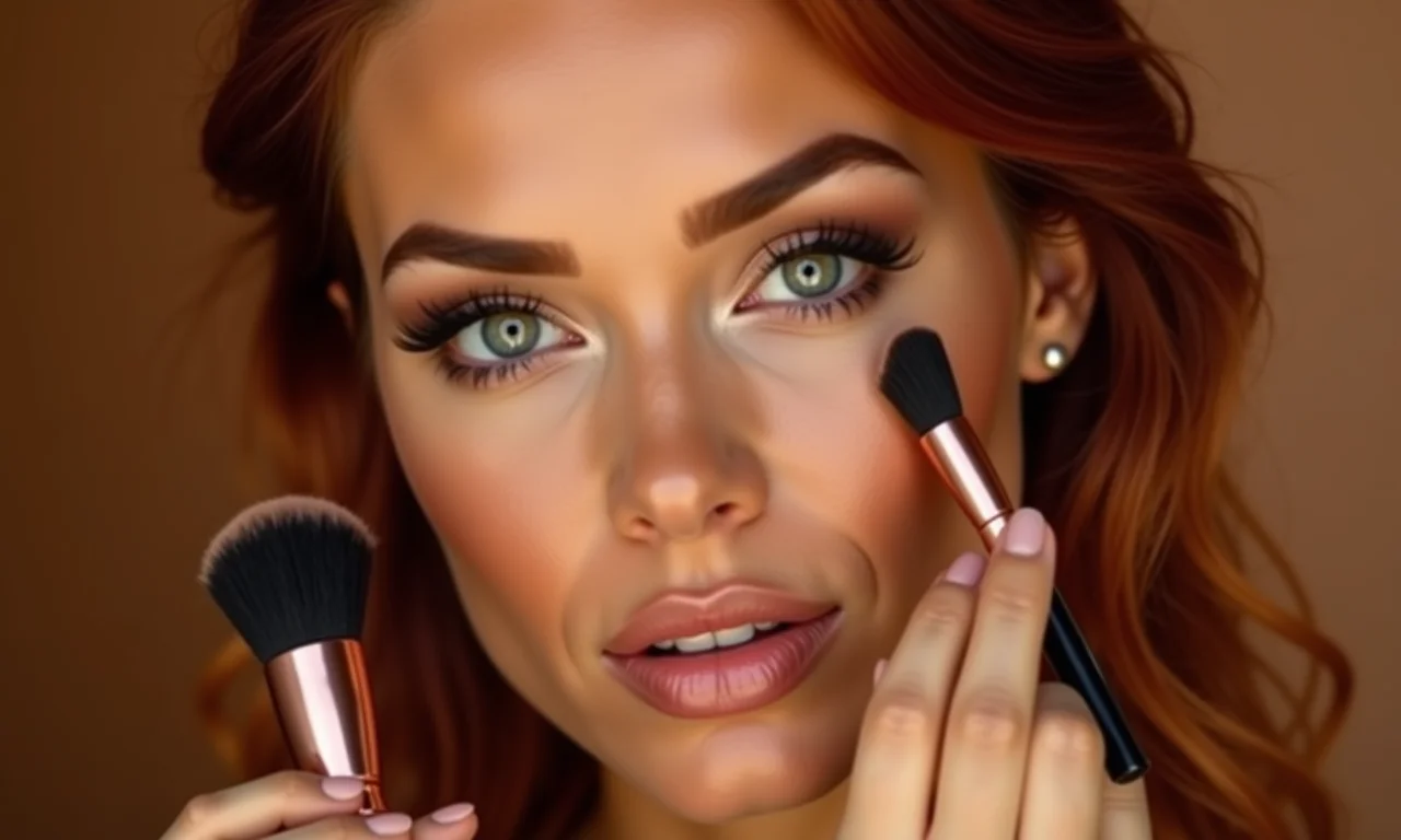 Ruiva morena aplicando bronzer.