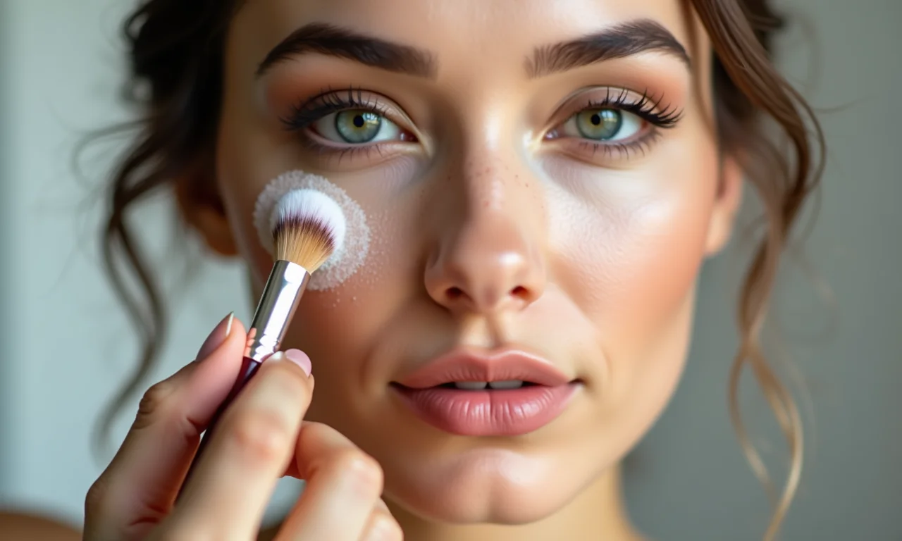 Selando a maquiagem com pó translúcido.