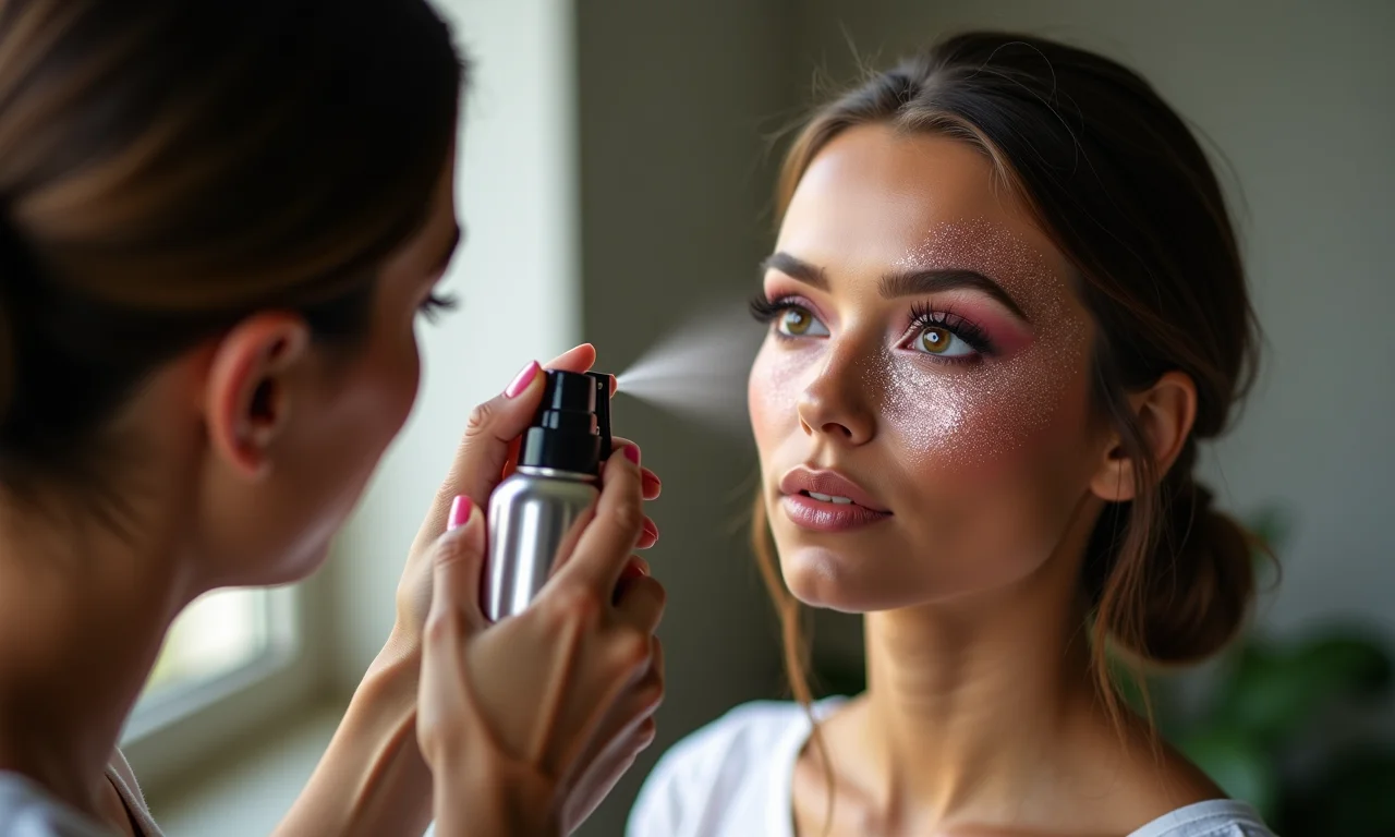 Selando a maquiagem com spray fixador após aplicar o glitter.