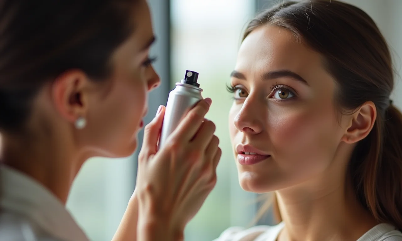 Selando a maquiagem com spray fixador.