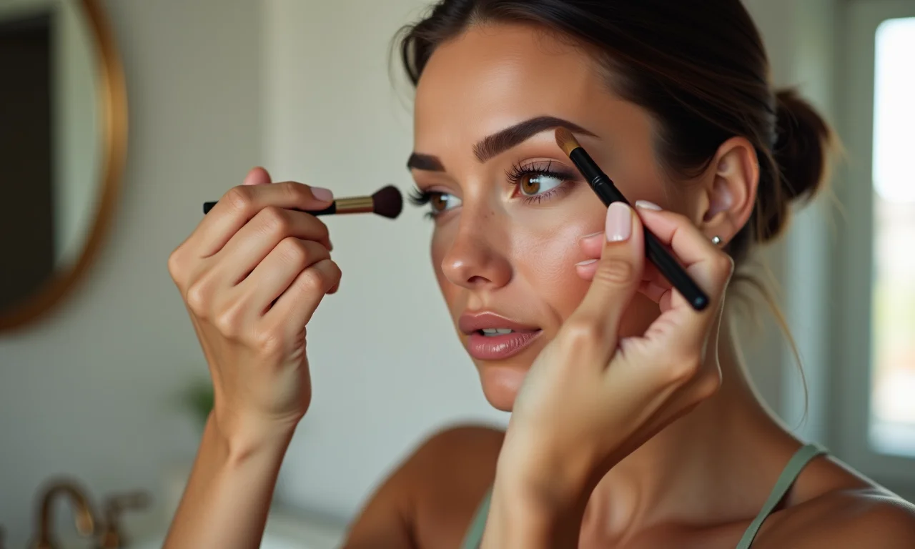 Sobrancelhas bem definidas com maquiagem.