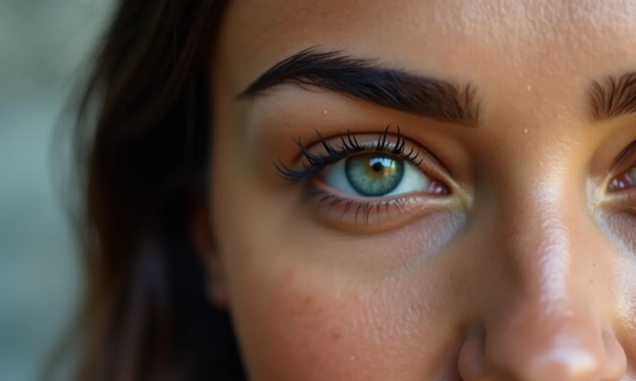 Sobrancelhas bem definidas realçando o olhar da modelo.