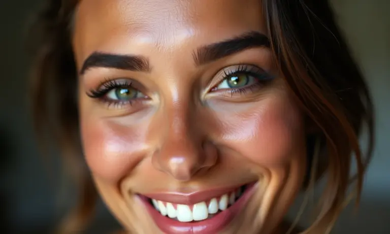 Sobrancelhas cheias e naturais em close-up de mulher brasileira sorrindo.